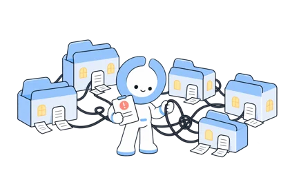 A tiny village built from project folders. The Oleno mascot inspects the tangled connections between them.