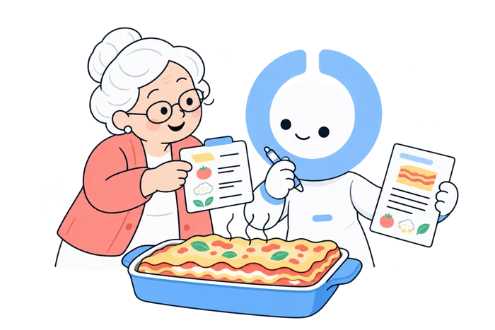 Grandma passes her lasagna recipe to the canonical Oleno mascot, who checks it carefully. The same distinctive recipe details appear in the finished article.