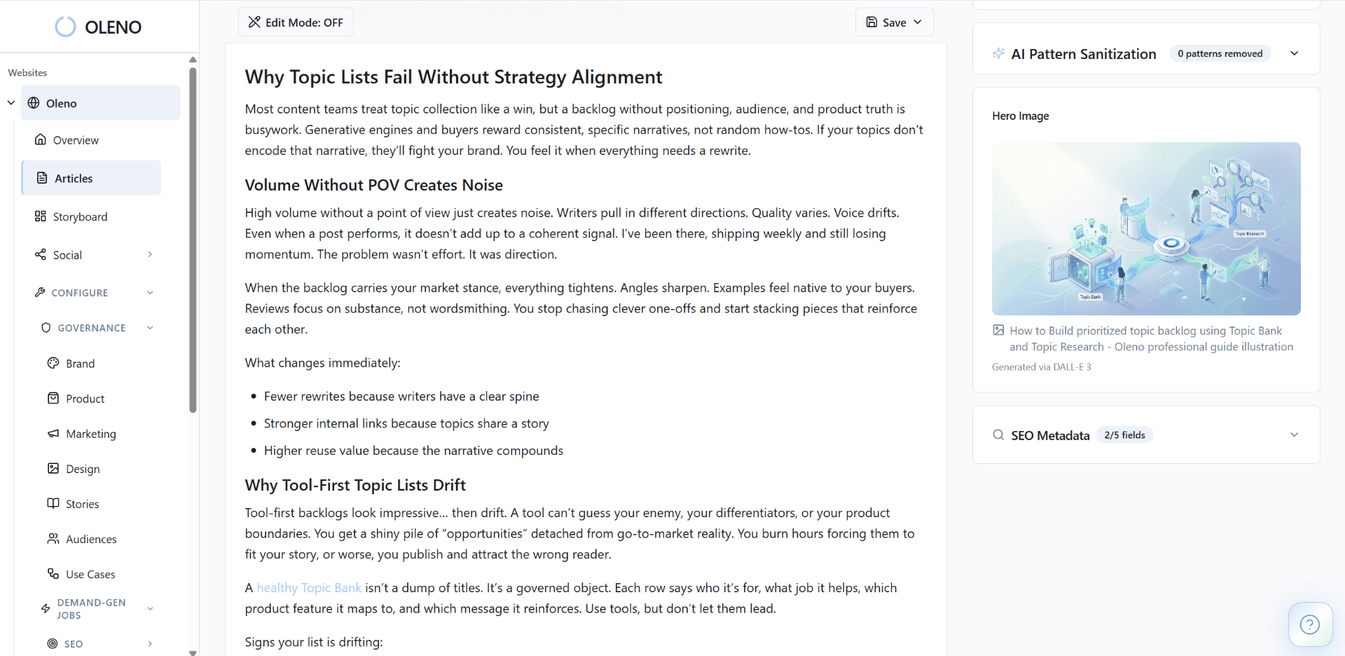 Oleno article editor showing governed content with AI pattern sanitization and SEO metadata