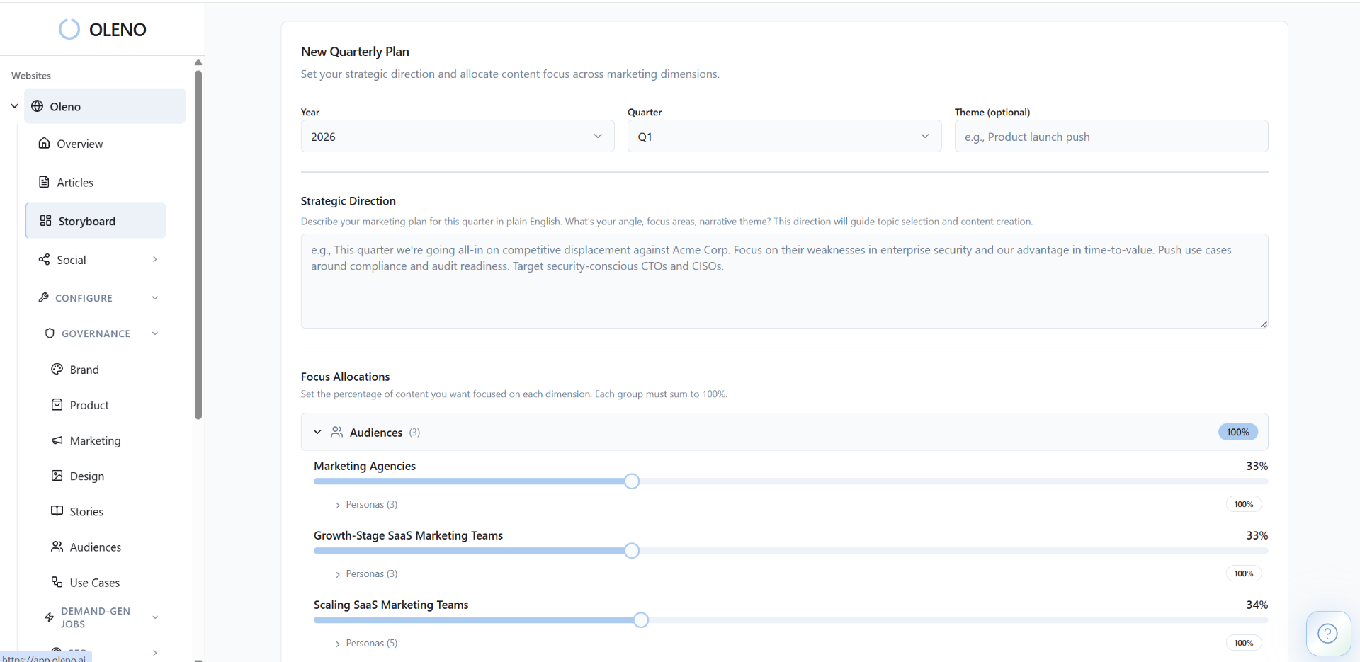 Oleno Storyboard showing quarterly plan with strategic direction and audience focus allocations